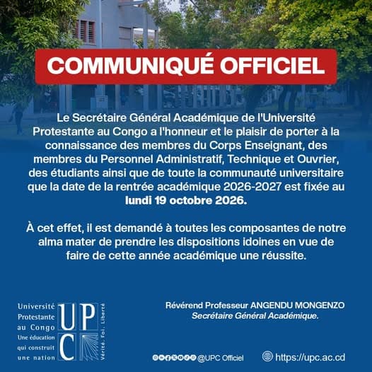 OFFICIEL. — La rentrée académique 2026-2027, à l’Université Protestante au Congo (UPC), es